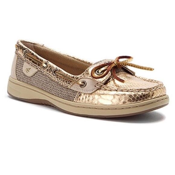 Sperry Top Sider Gold Metallic Leather Snakeskin Preppy Loafer Size 7.5 - Picture 1 of 9